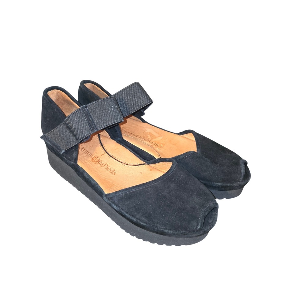 L'Amour Des Pieds Amadour Sandals Womens 7M Black Suede Peep Toe Platform Wedge